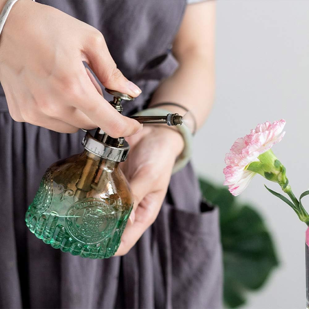 Plant Mister Glass Spray Bottle Small Plant Watering Can 6.4" Tall Retro Indoor Watering Can Bronze Plastic Top Pump for Garden Indoor Plant Sprayer