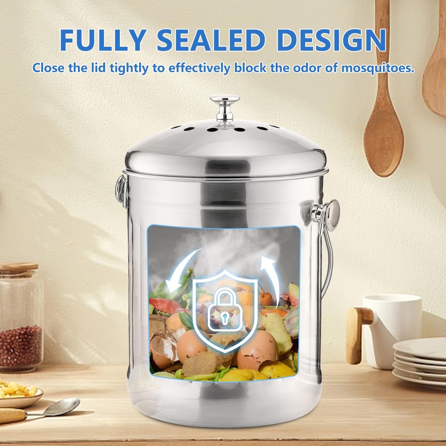 Compost Bin for Kitchen Countertop, 1.3 Gallon Stainless Steel Indoor Compost Bucket for Kitchen Countertop Odorless Compost Pail for Kitchen Food Waste with Carrying Handle Easy to Clean