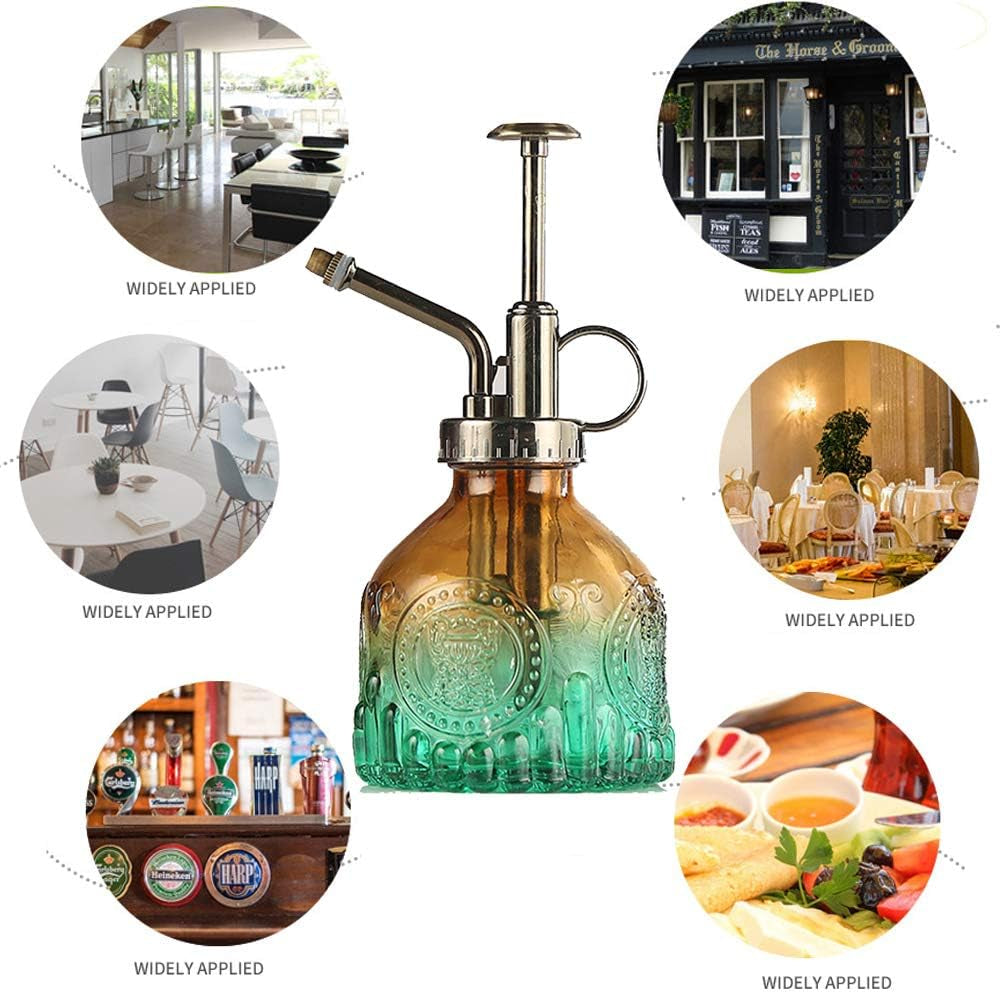 Plant Mister Glass Spray Bottle Small Plant Watering Can 6.4" Tall Retro Indoor Watering Can Bronze Plastic Top Pump for Garden Indoor Plant Sprayer