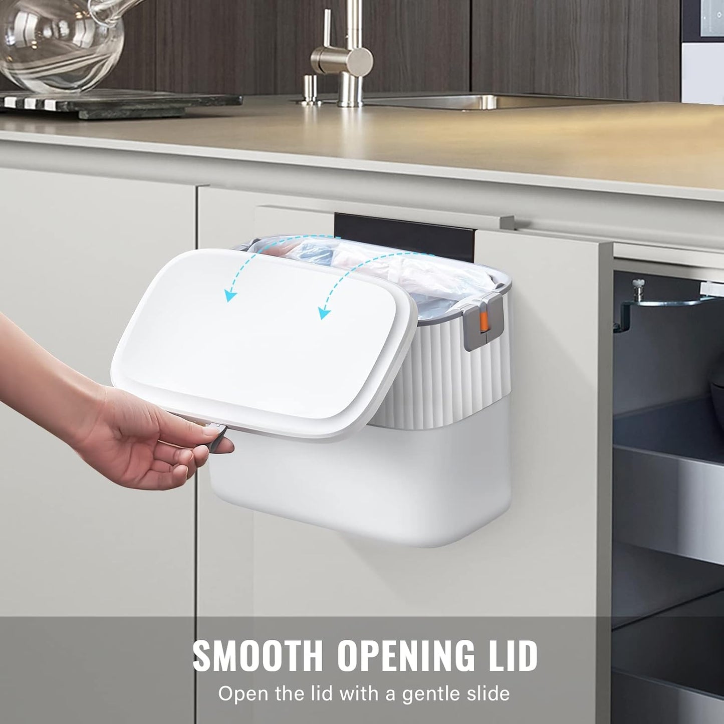 Kitchen Compost Bin with Lid 1.8 Gallon Hanging Trash Can with Lid, 7 Liter Wall-Mounted Garbage Can for Kitchen Cabinet Door, Small under Sink Trash Can for Cupboard, Bathroom, Office
