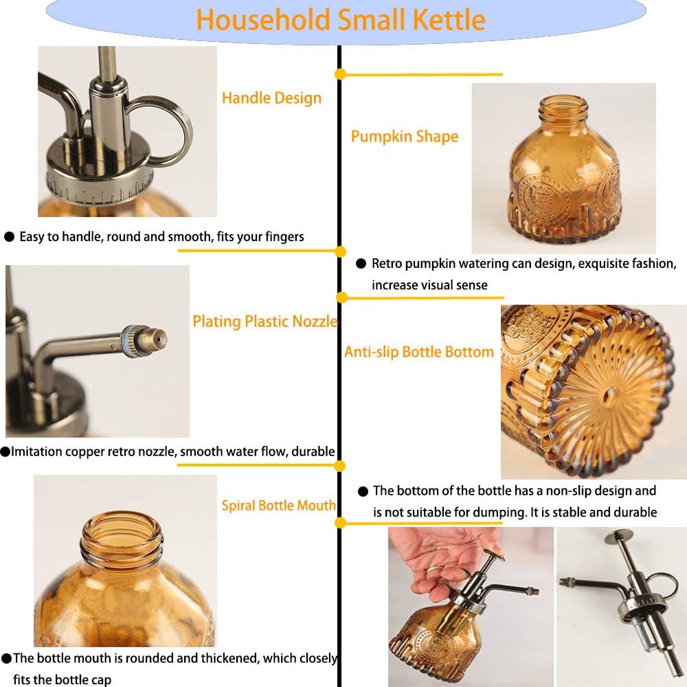 Plant Mister Glass Spray Bottle Small Plant Watering Can 6.4" Tall Retro Indoor Watering Can Bronze Plastic Top Pump for Garden Indoor Plant Sprayer