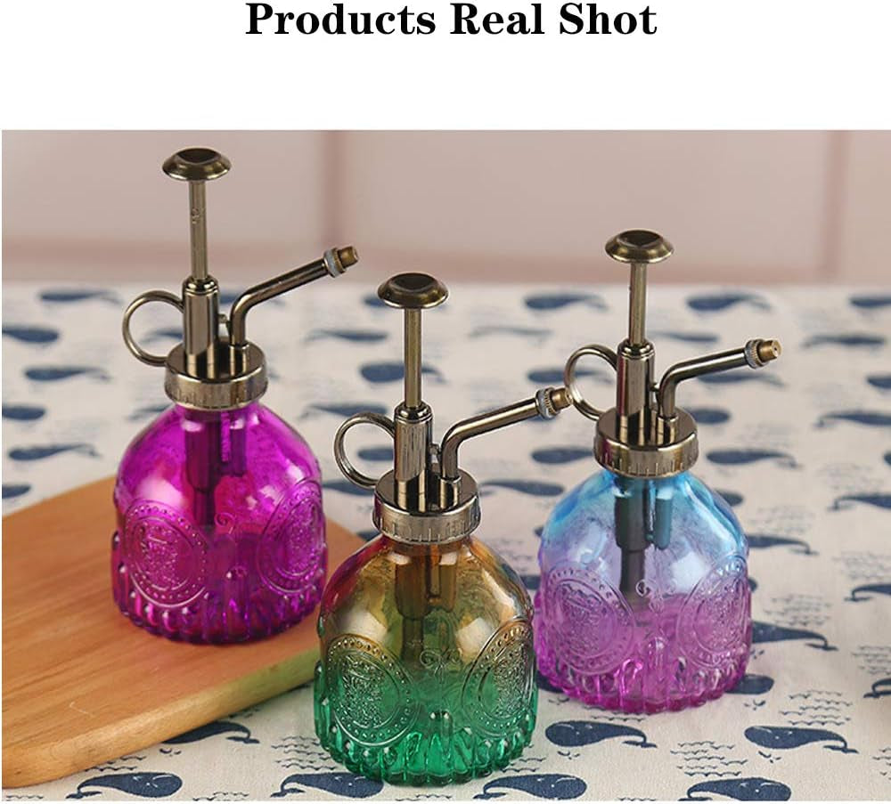 Plant Mister Glass Spray Bottle Small Plant Watering Can 6.4" Tall Retro Indoor Watering Can Bronze Plastic Top Pump for Garden Indoor Plant Sprayer