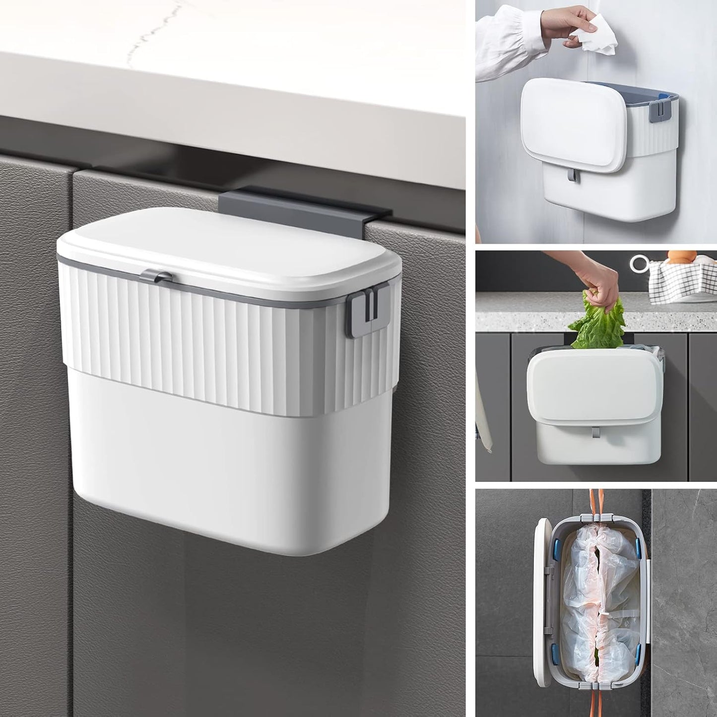 Kitchen Compost Bin with Lid 1.8 Gallon Hanging Trash Can with Lid, 7 Liter Wall-Mounted Garbage Can for Kitchen Cabinet Door, Small under Sink Trash Can for Cupboard, Bathroom, Office