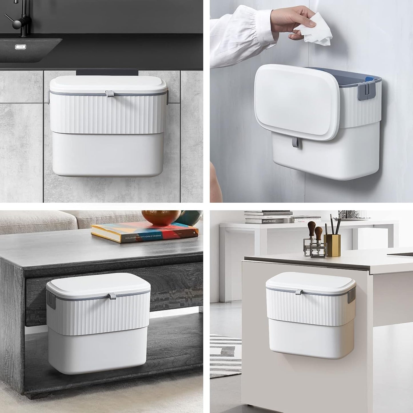 Kitchen Compost Bin with Lid 1.8 Gallon Hanging Trash Can with Lid, 7 Liter Wall-Mounted Garbage Can for Kitchen Cabinet Door, Small under Sink Trash Can for Cupboard, Bathroom, Office