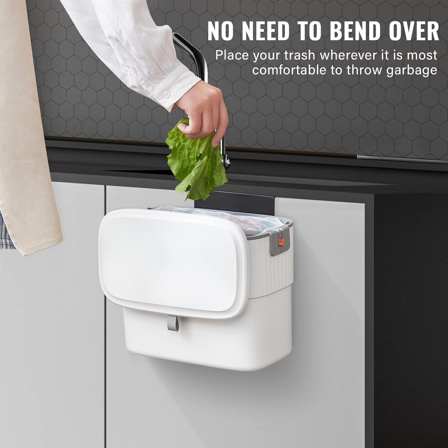 Kitchen Compost Bin with Lid 1.8 Gallon Hanging Trash Can with Lid, 7 Liter Wall-Mounted Garbage Can for Kitchen Cabinet Door, Small under Sink Trash Can for Cupboard, Bathroom, Office
