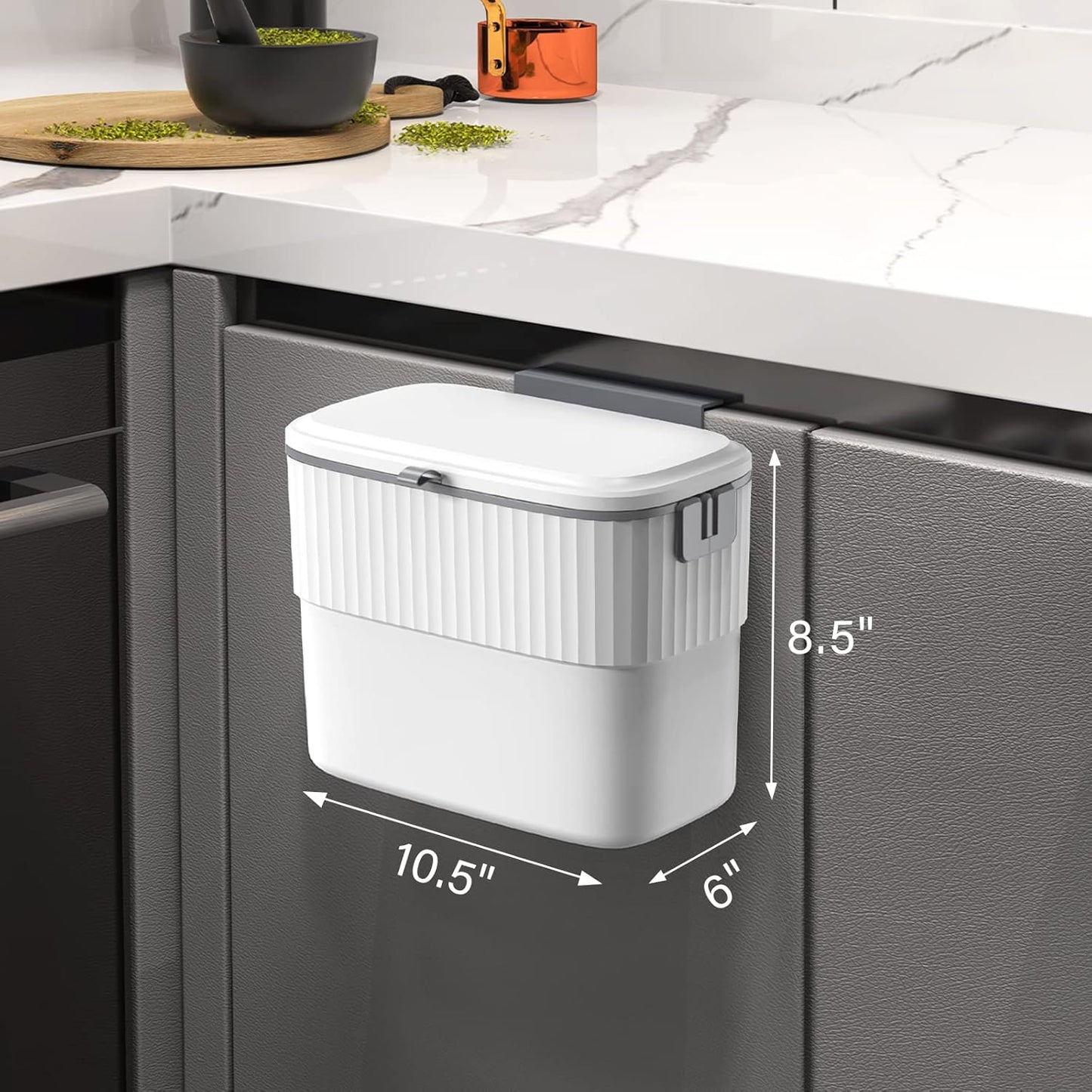 Kitchen Compost Bin with Lid 1.8 Gallon Hanging Trash Can with Lid, 7 Liter Wall-Mounted Garbage Can for Kitchen Cabinet Door, Small under Sink Trash Can for Cupboard, Bathroom, Office
