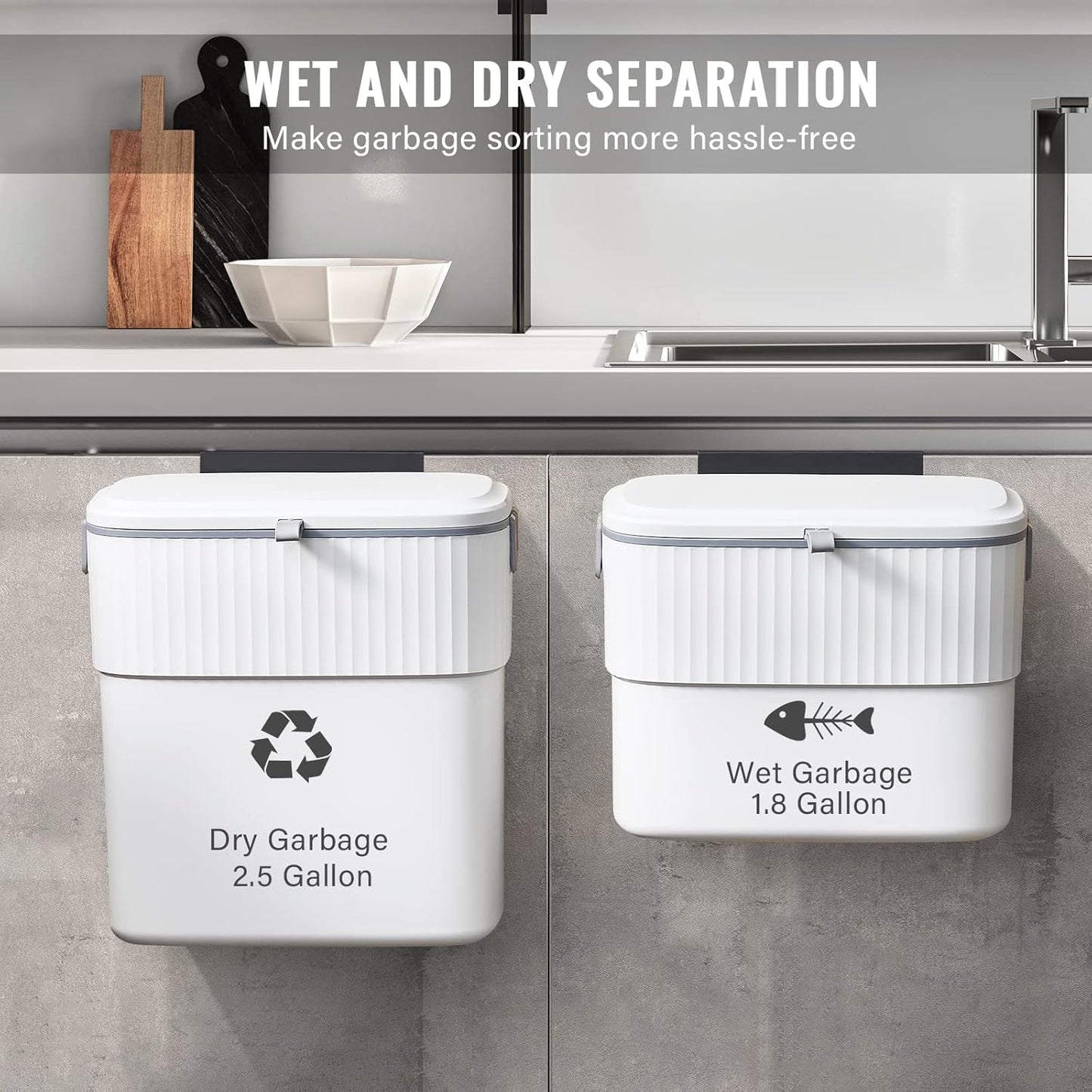Kitchen Compost Bin with Lid 1.8 Gallon Hanging Trash Can with Lid, 7 Liter Wall-Mounted Garbage Can for Kitchen Cabinet Door, Small under Sink Trash Can for Cupboard, Bathroom, Office