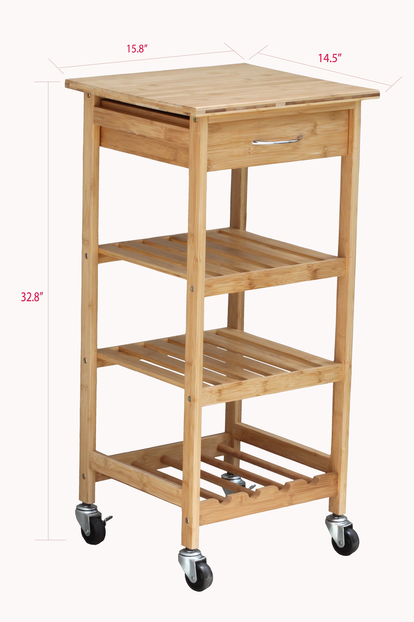 Bamboo Kitchen Trolley, Natural Color, Storage Cart, 15.8 In. L X 14.5 In. W X 32.8 In. H