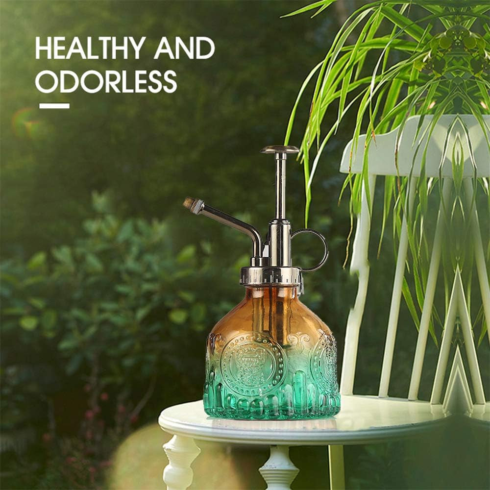 Plant Mister Glass Spray Bottle Small Plant Watering Can 6.4" Tall Retro Indoor Watering Can Bronze Plastic Top Pump for Garden Indoor Plant Sprayer