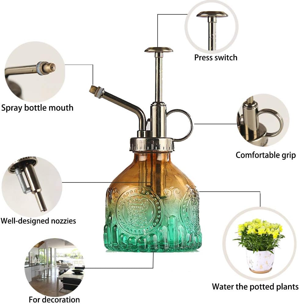 Plant Mister Glass Spray Bottle Small Plant Watering Can 6.4" Tall Retro Indoor Watering Can Bronze Plastic Top Pump for Garden Indoor Plant Sprayer