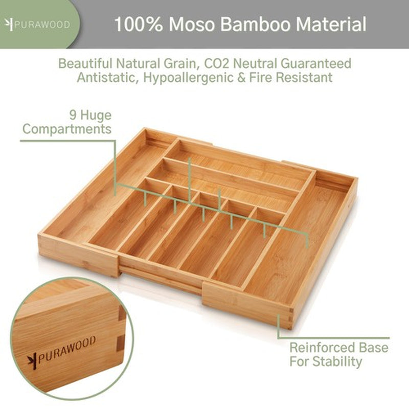 - Large Premium Bamboo Silverware Organizer - Expandable Kitchen Drawer & Ute...