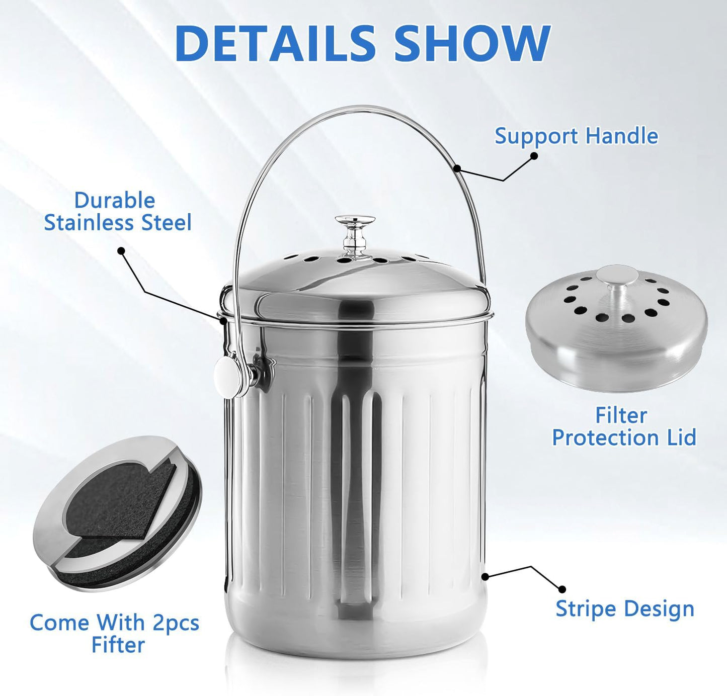 Compost Bin for Kitchen Countertop, 1.3 Gallon Stainless Steel Indoor Compost Bucket for Kitchen Countertop Odorless Compost Pail for Kitchen Food Waste with Carrying Handle Easy to Clean