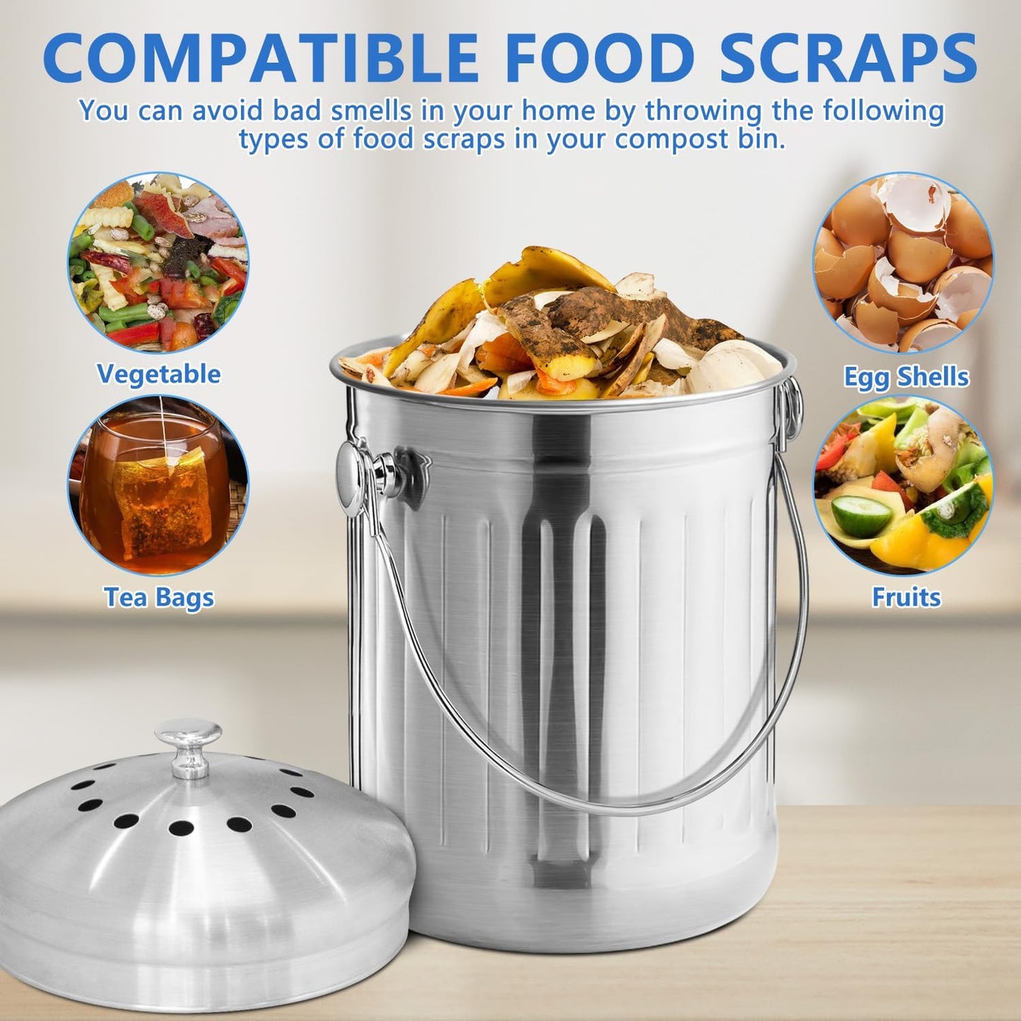 Compost Bin for Kitchen Countertop, 1.3 Gallon Stainless Steel Indoor Compost Bucket for Kitchen Countertop Odorless Compost Pail for Kitchen Food Waste with Carrying Handle Easy to Clean