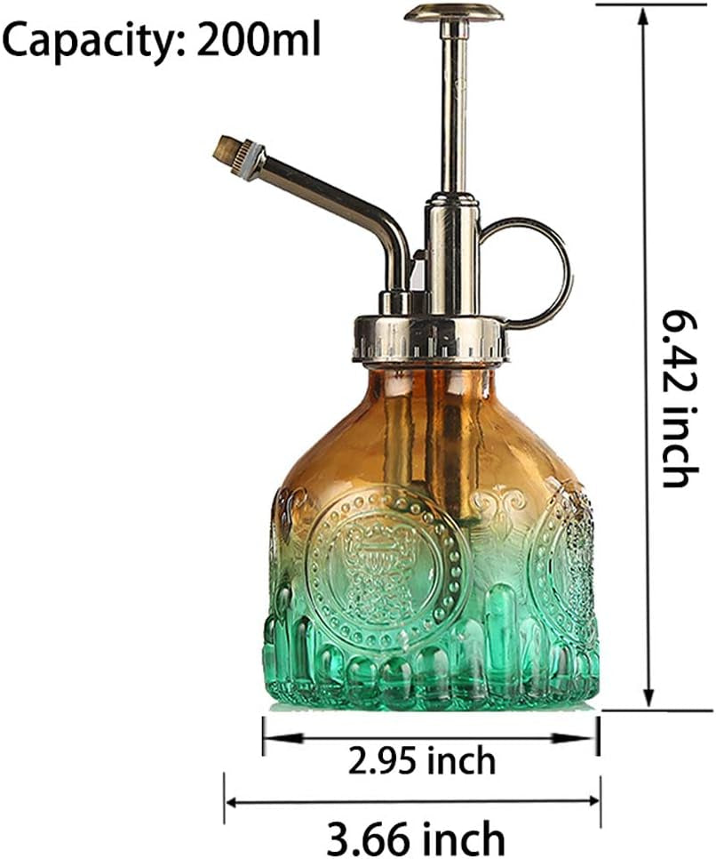 Plant Mister Glass Spray Bottle Small Plant Watering Can 6.4" Tall Retro Indoor Watering Can Bronze Plastic Top Pump for Garden Indoor Plant Sprayer