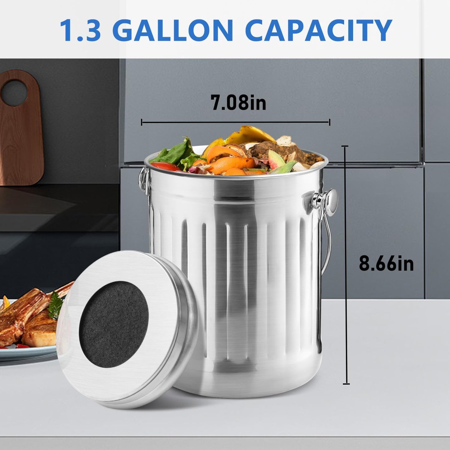 Compost Bin for Kitchen Countertop, 1.3 Gallon Stainless Steel Indoor Compost Bucket for Kitchen Countertop Odorless Compost Pail for Kitchen Food Waste with Carrying Handle Easy to Clean