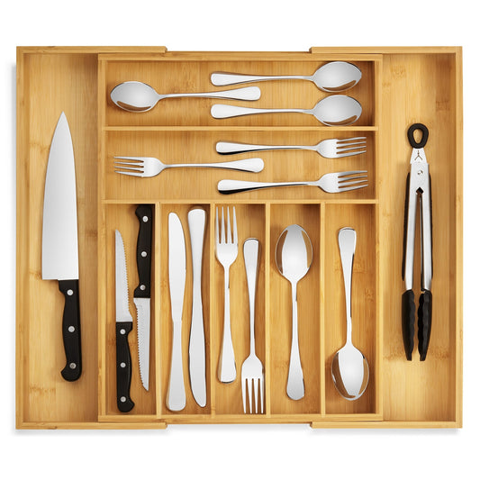 - Large Premium Bamboo Silverware Organizer - Expandable Kitchen Drawer & Ute...