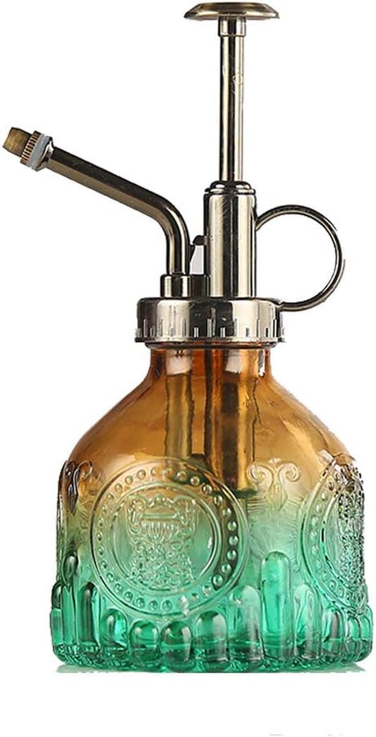 Plant Mister Glass Spray Bottle Small Plant Watering Can 6.4" Tall Retro Indoor Watering Can Bronze Plastic Top Pump for Garden Indoor Plant Sprayer