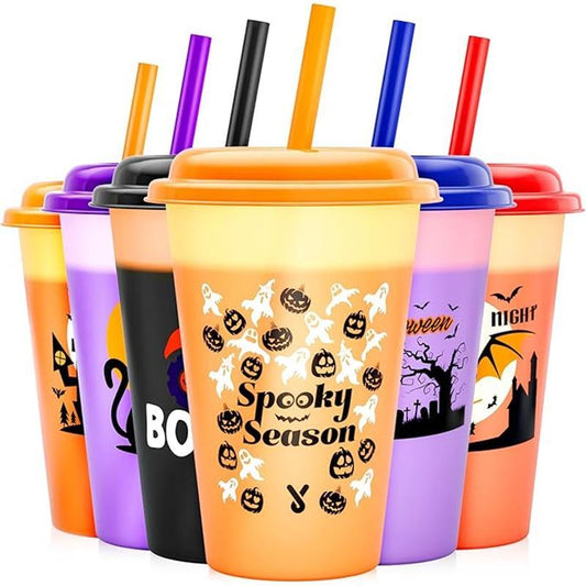Halloween Decorations, Plastic Cups with Lids and Straws - 6 Pack 12 Oz Color Changing Cups, Reusable Tumblers Bulk for Party, Kids Bottles Drinkware