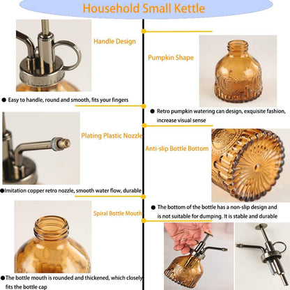 Plant Mister Glass Spray Bottle Small Plant Watering Can 6.4" Tall Retro Indoor Watering Can Bronze Plastic Top Pump for Garden Indoor Plant Sprayer