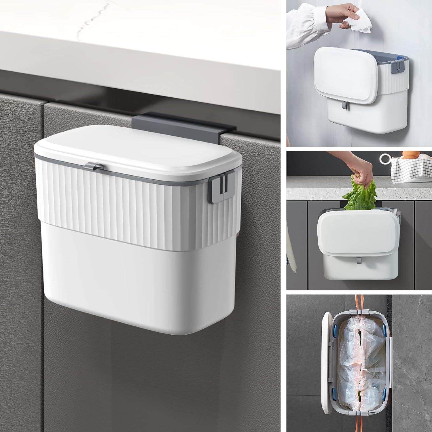 Kitchen Compost Bin with Lid 1.8 Gallon Hanging Trash Can with Lid, 7 Liter Wall-Mounted Garbage Can for Kitchen Cabinet Door, Small under Sink Trash Can for Cupboard, Bathroom, Office