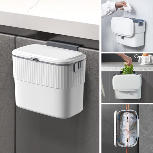 Kitchen Compost Bin with Lid 1.8 Gallon Hanging Trash Can with Lid, 7 Liter Wall-Mounted Garbage Can for Kitchen Cabinet Door, Small under Sink Trash Can for Cupboard, Bathroom, Office
