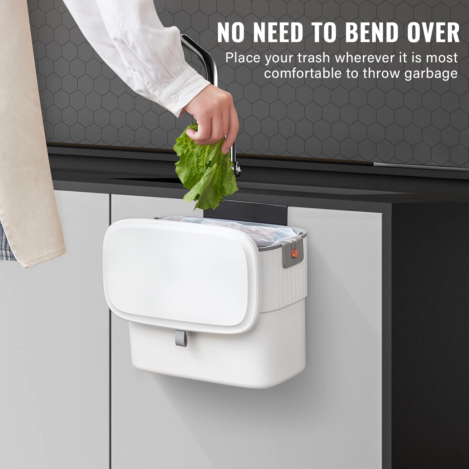 Kitchen Compost Bin with Lid 1.8 Gallon Hanging Trash Can with Lid, 7 Liter Wall-Mounted Garbage Can for Kitchen Cabinet Door, Small under Sink Trash Can for Cupboard, Bathroom, Office