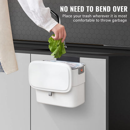 Kitchen Compost Bin with Lid 1.8 Gallon Hanging Trash Can with Lid, 7 Liter Wall-Mounted Garbage Can for Kitchen Cabinet Door, Small under Sink Trash Can for Cupboard, Bathroom, Office