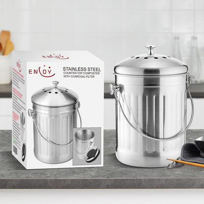 Compost Bin for Kitchen Countertop, 1.3 Gallon Stainless Steel Indoor Compost Bucket for Kitchen Countertop Odorless Compost Pail for Kitchen Food Waste with Carrying Handle Easy to Clean