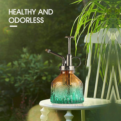 Plant Mister Glass Spray Bottle Small Plant Watering Can 6.4" Tall Retro Indoor Watering Can Bronze Plastic Top Pump for Garden Indoor Plant Sprayer