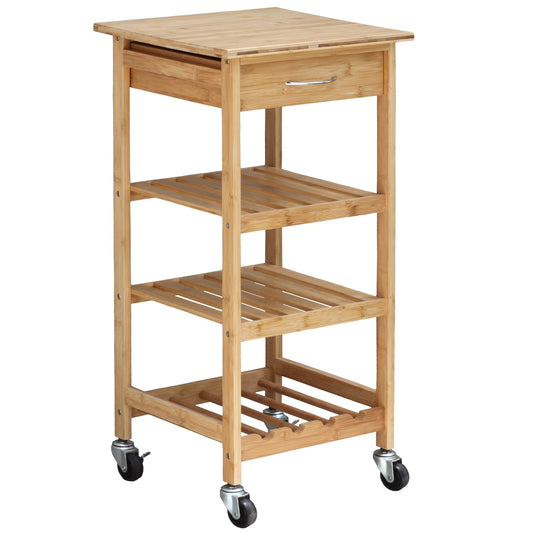 Bamboo Kitchen Trolley, Natural Color, Storage Cart, 15.8 In. L X 14.5 In. W X 32.8 In. H