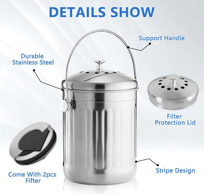 Compost Bin for Kitchen Countertop, 1.3 Gallon Stainless Steel Indoor Compost Bucket for Kitchen Countertop Odorless Compost Pail for Kitchen Food Waste with Carrying Handle Easy to Clean