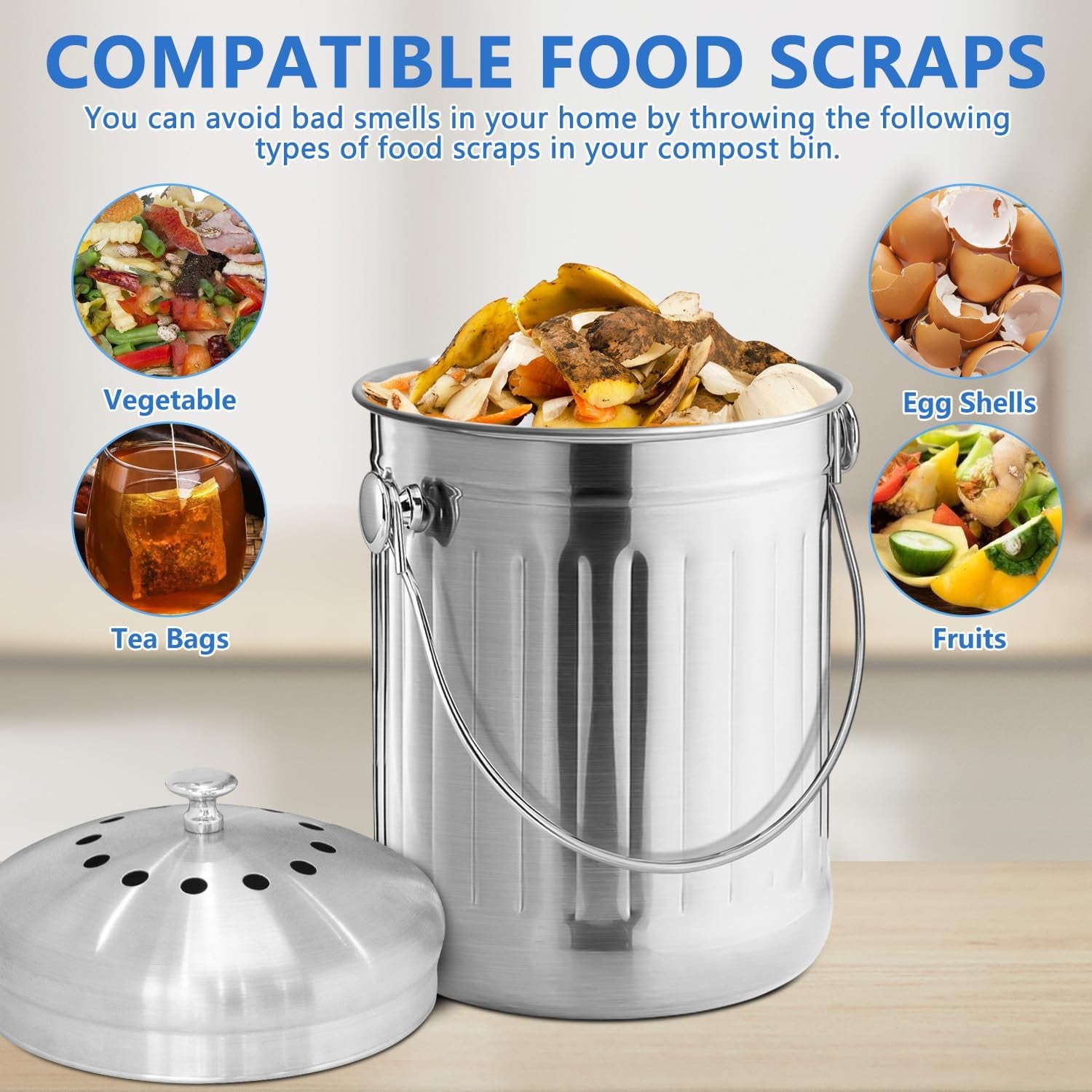 Compost Bin for Kitchen Countertop, 1.3 Gallon Stainless Steel Indoor Compost Bucket for Kitchen Countertop Odorless Compost Pail for Kitchen Food Waste with Carrying Handle Easy to Clean