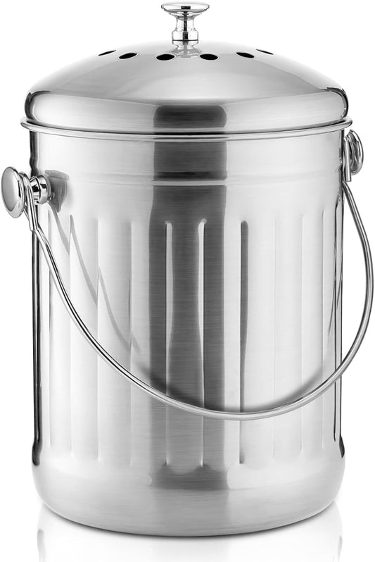 Compost Bin for Kitchen Countertop, 1.3 Gallon Stainless Steel Indoor Compost Bucket for Kitchen Countertop Odorless Compost Pail for Kitchen Food Waste with Carrying Handle Easy to Clean